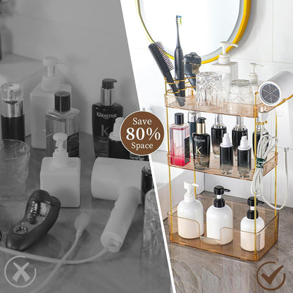 YCIA&DONE Luxury Bathroom Counter Organizer, Large Makeup Organizer Countertop, Shelf Organizer, Vanity Tray, Easily Assemble for Bathroom Organizers and Storage, Undersink, Cabinet,3 Tiers Amber