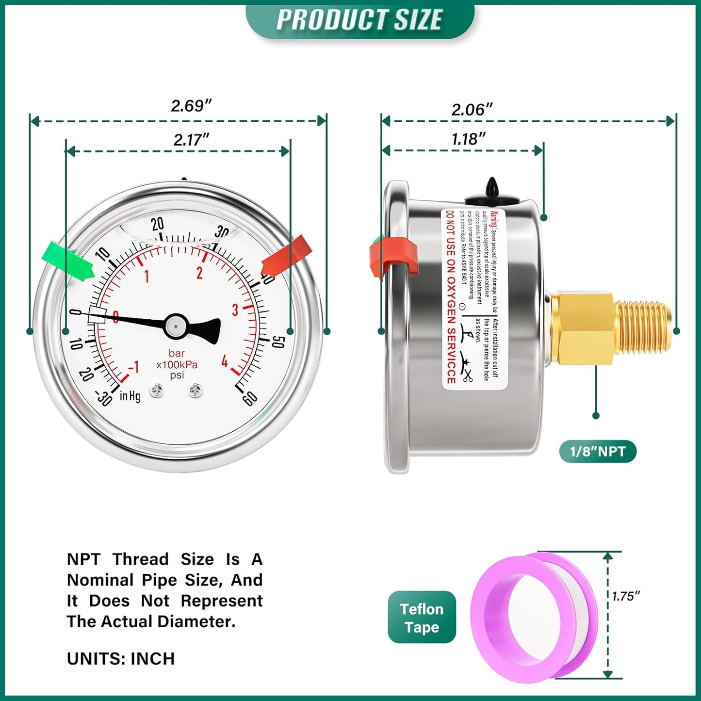 -30inHG-60PSI Stainless Steel Liquid Filled Pressure Gauge, 2.5" Dial Size, 1/8" NPT Back Mount, for Tube, Water Pump, Gas, Liquid, Pressure Test (with Range Mark Pointer)