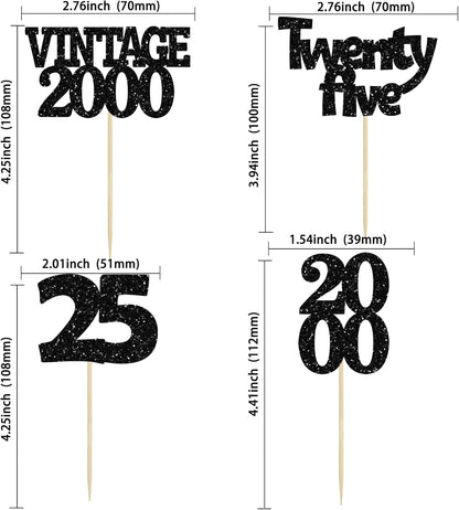 Gyufise 24Pcs 25th Birthday Cupcake Toppers Glitter Twenty-five Vintage 2000 Cheers to 25 Cupcake Picks Hello 25 Years Birthday Cake Decoration for Happy 25th Birthday Anniversary Party Supplies Black