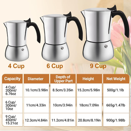 No Coating 9 Cup Thickened 304 Stainless Steel Moka Pot Stovetop Espresso Maker Italian Coffee Machine 450ml 15oz Suitable for Gas Induction Stovetop Greca Coffee Maker Percolator