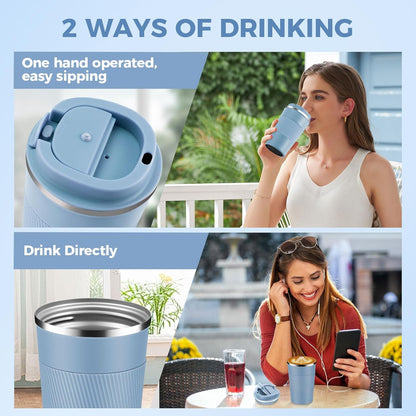Volhoply 13 oz Stainless Steel Insulated Travel Coffee Mug with Fip Lid Bulk 4 Pack,Reusable Double Wall Vacuum Metal Coffee Cup,Portable Leak Proof Thermal Tumbler for Hot & Cold Drinks(Fog,4)