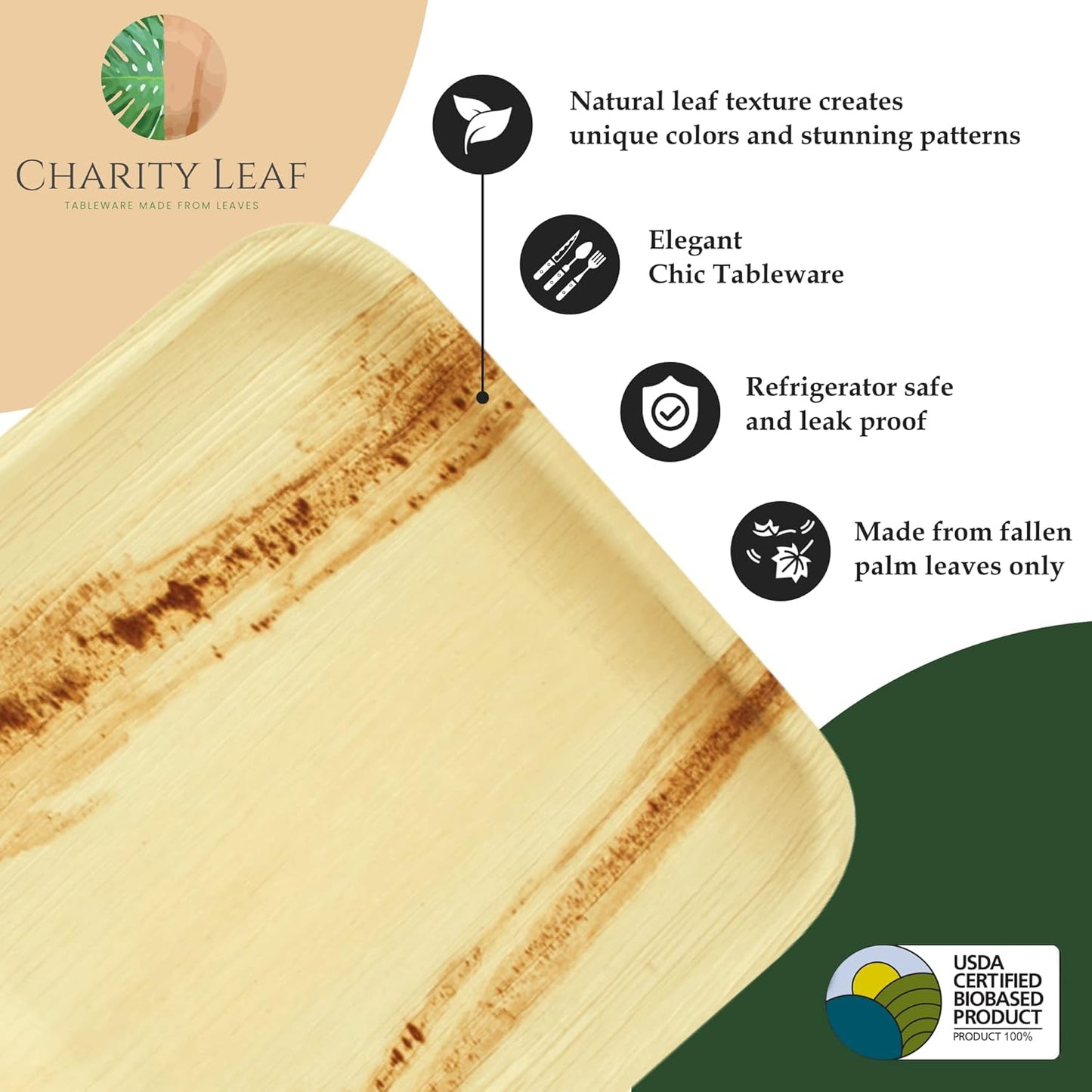 Charity Leaf 50-Pack 22"x12" Palm Leaf Trays | Eco-Friendly, Compostable Platters for Weddings, Charcuterie Boards & Events