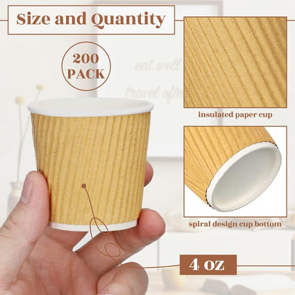 Yaomiao 200 Pcs 4 oz Disposable Espresso Coffee Cups Ripple Corrugated Paper Insulated Hot Cups for Party Cold Drinks Hot Beverage Tea(Kraft Paper Color)