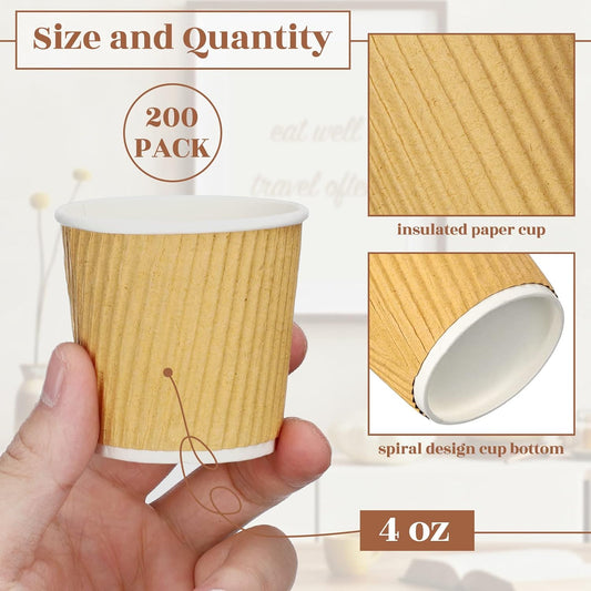 Yaomiao 200 Pcs 4 oz Disposable Espresso Coffee Cups Ripple Corrugated Paper Insulated Hot Cups for Party Cold Drinks Hot Beverage Tea(Kraft Paper Color)