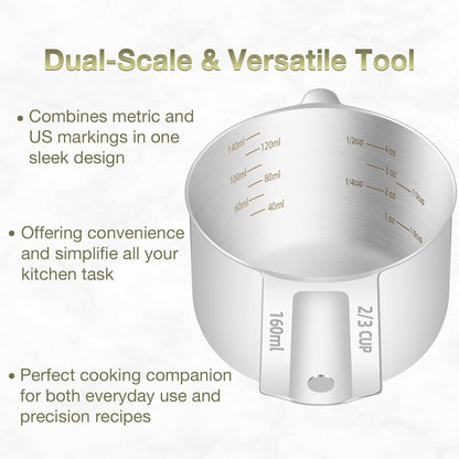 2PCS 2/3Cup (160ml, 5.3oz) Single Measuring Cup, Etched Inner Scale Stainless Steel Measure Scoop, Metric and US Measurement, Dishwasher Safe