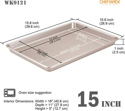 CHEFMADE 15-Inch Baking Sheet Pan, Non-Stick Carbon Steel Rimmed Cookie Sheet Pan for Oven Roasting Meat Bread Jelly Roll Battenberg Pizzas Pastries 10.6" x 15.6" x 1" (Champagne Gold)