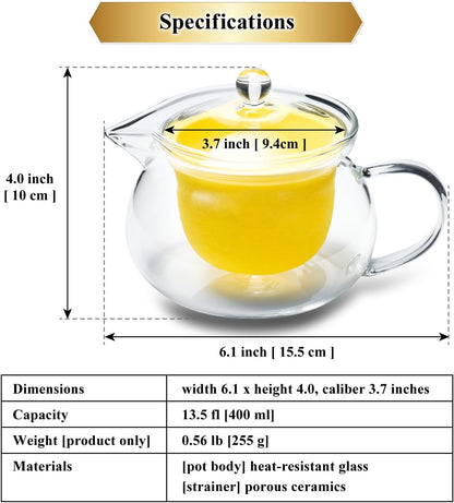 Heatproof Glass Teapot 13.5 fl (400 ml) with Removable Ceramic Infuser strainer Ha-Pot Made in Japan (Pink)