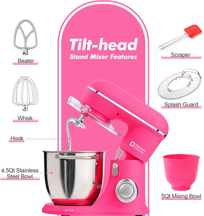 Kitchen in the box Stand Mixer, 4.5QT+5QT Two bowls Electric Food Mixer, 10 Speeds 3-IN-1 Kitchen Mixer for Daily Use with Egg Whisk,Dough Hook,Flat Beater (Neon Pink, 5QT)