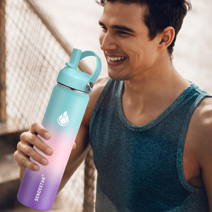 SENDESTAR Water Bottle 40oz Double Wall Vacuum Insulated Leak Proof Stainless Steel Sports Water Bottle—Wide Mouth with New Flex Straw Lid & Spout Lid (Hydrangea)