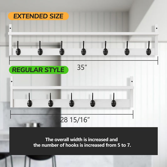 BAMEOS 35" L Wall Hooks with Shelf, Entryway Coat Hooks for Wall with Shelf, Wood Wall Hanging Shelf, Wall-Mounted Coat Rack with 7 Dual Metal Hooks for Bathroom, Kitchen, Living Room, Bedroom (White)
