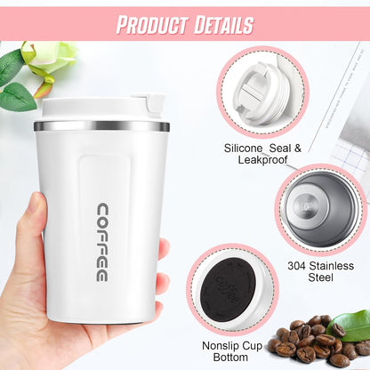 Sieral 4 Pcs 13 oz Travel Coffee Mug Insulated Reusable Coffee Cups with Leakproof Lid Stainless Steel Portable Tumbler for Keep Hot or Ice Milk Tea(White)