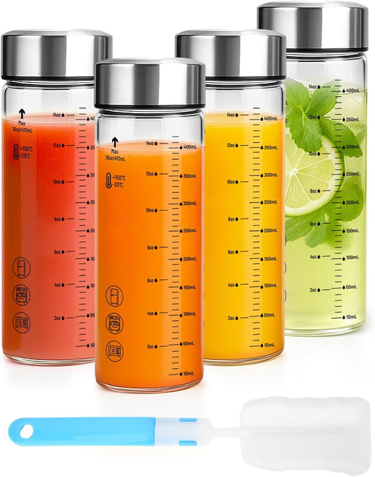 16oz Glass Water Bottles with Lids, 4 Pack Reusable Wide Mouth Juice Bottles with Stainless Steel Caps, Leakproof Borosilicate Glass for Juicing, Smoothies & Storage, BPA-Free,Dishwasher Safe