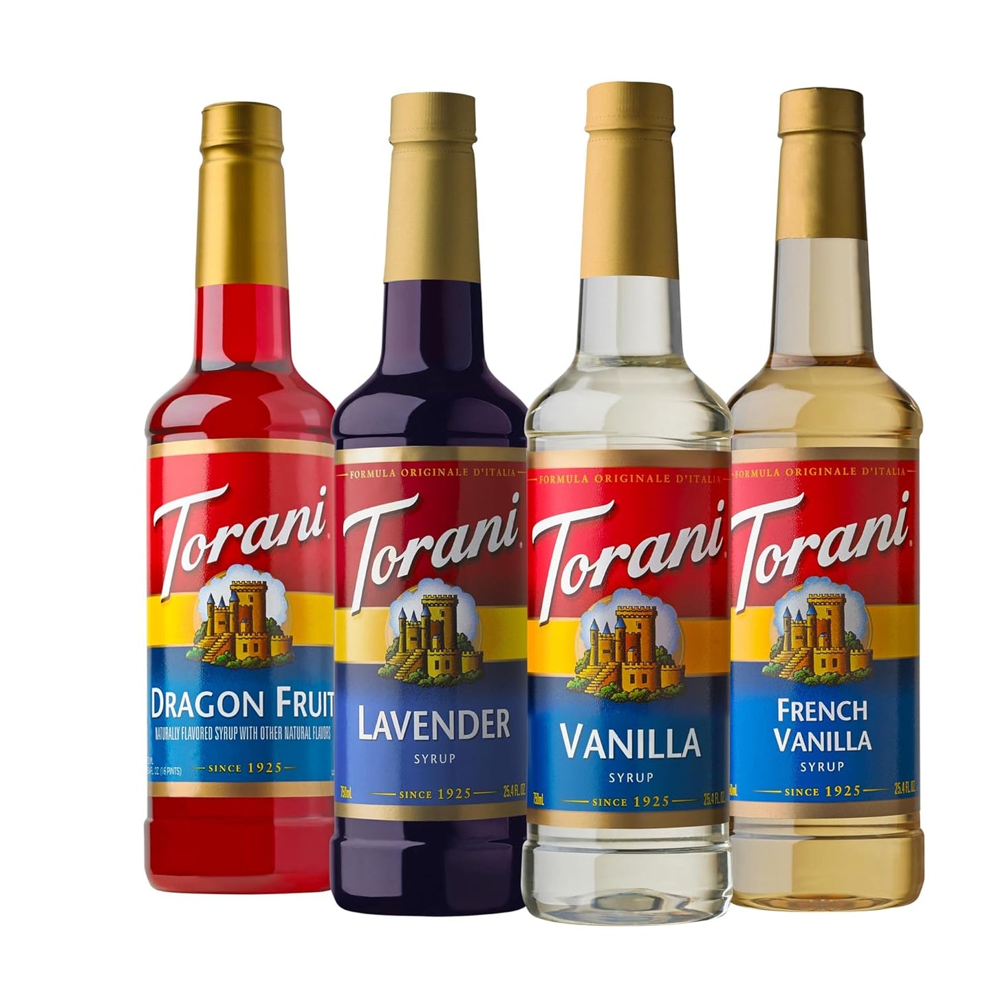Torani Flavored Drink Syrup Beyond Basic Variety Pack, Dragon Fruit, Lavender, Vanilla & French Vanilla, 25.4 fl oz (Set of 4)