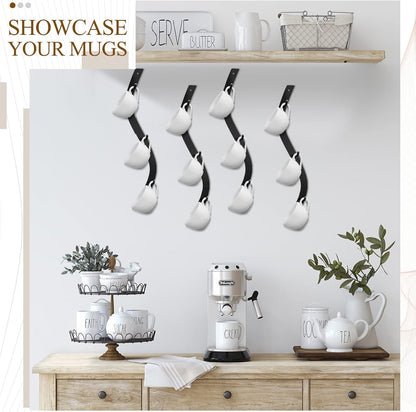 Sosation 4 Pack Coffee Mug Wall Rack Mounted with 12 Hooks S Curve Metal Coffee Cup Rack Wall Hanging Holder for Bar Kitchen Corner Station Decor Display