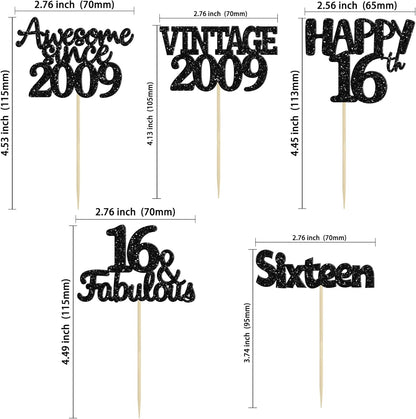 Gyufise 30Pcs Vintage 2009 Cupcake Toppers Glitter Sweet 16 Happy 16th Birthday Cake Decorations for Happy 16th Birthday Fabulous Anniversary Party Supplies Black
