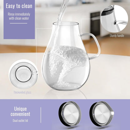 Glass Pitcher, 51 oz Glass Water Pitcher Jug Carafe, 0.4 Gallon Clear Tea Pitchers With Handle And Lid, Pitcher With Lid And Spout for Hot/Iced Water Milk Juice Coffee Fruit