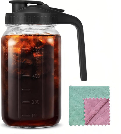 32oz Glass Pitcher Carafes With Handle and Lid, 1 Quart Mason Jar, Large Water Jug, Glass Containers for Fridge, Water Pitcher for Juice, Iced & Sun Tea, Cold Brew Coffee, Homemade Beverage