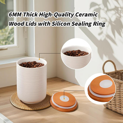 Food Storage Jar Strong Ceramic Storage Canisters with Airtight Wooden Lid,Kitchen Storage Containers for Serving Coffee Beans, Tea, Sugar, Salt, Spices (Medium white)