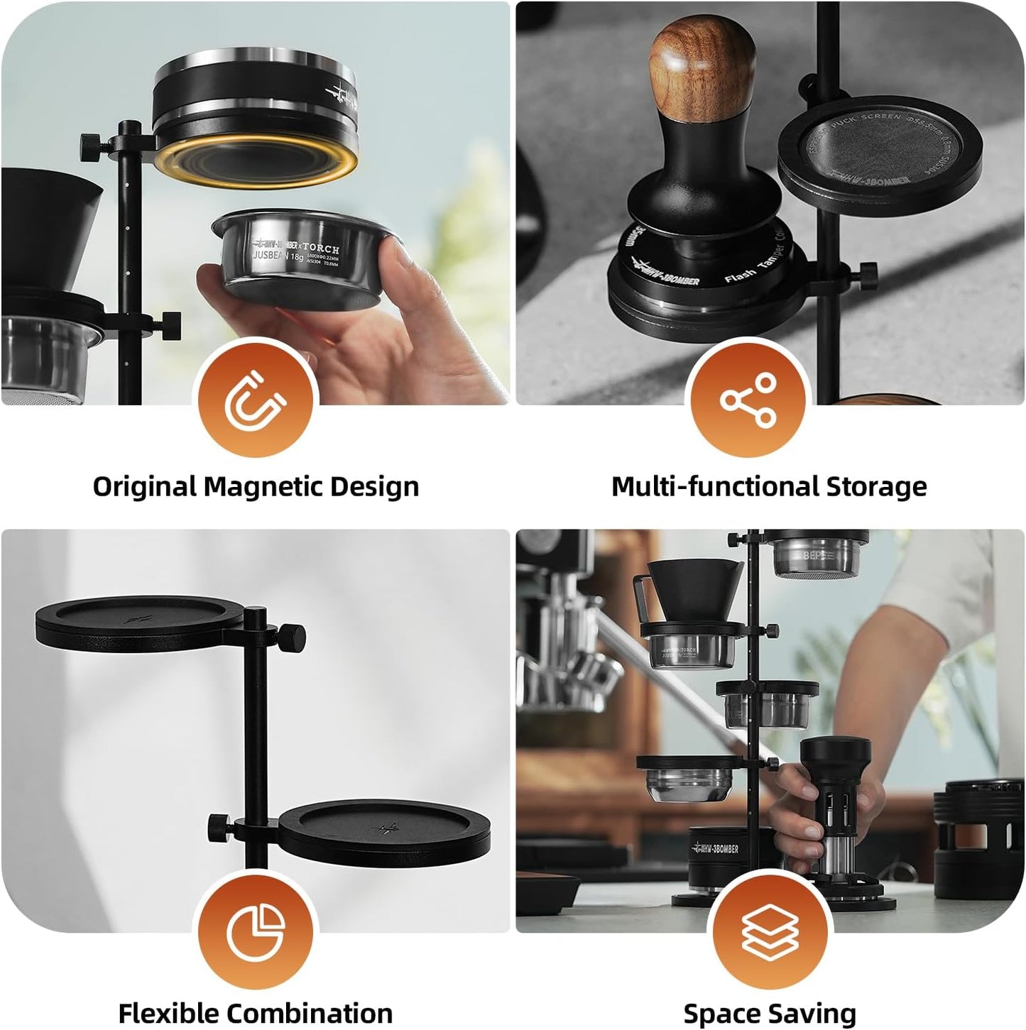 MHW-3BOMBER Multi-use Magnetic Espresso Storage Stand, Coffee Storage rack for Tamper/Distributor/Filter Basket/Cup, 51-58mm Espresso Portafilter Basket Storage holder for Coffee Accessories,SR6107-OS