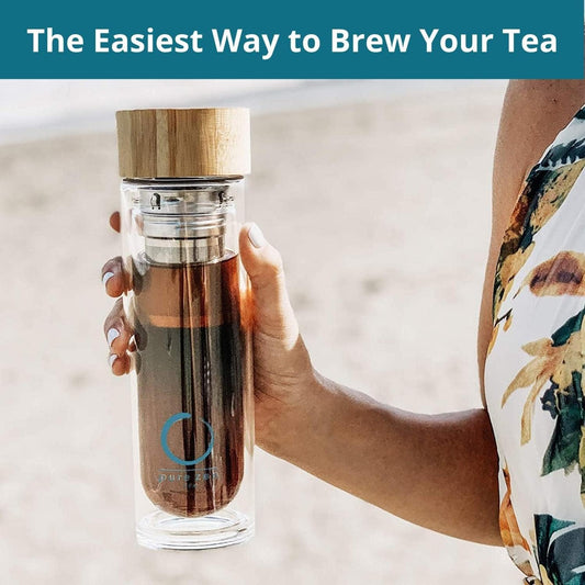 Pure Zen Tea Infuser Bottle - Insulated Glass Bottle for Loose Leaf Infusions - Tea Tumbler with Infuser - Portable Travel Mug for Infused Water - Thermos with Diffuser on the Go - 15 oz