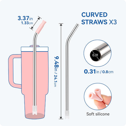 Reusable Stainless Steel Straws with Silicone Tip for Stanley 30oz, Metal Drinking Straws for 30oz Tumbler,3 Bent Tubes & 6 Tips& 1 Cleanr Brush (Dried Pine)