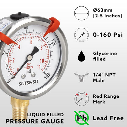 0 to 160 Psi Lead-Free Pressure Gauge, Glycerin Liquid Filled, 2.5 inch Dial, 1/4" NPT Lower Mount, Stainless Steel Case, for Regulator, Potable Water Pump, RV Hose, Well, Air, Pressure Test