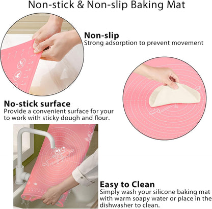 Silicone Pastry Mat 32" x 24" Extra Thick Non Stick Baking Mat with Measurements and Edge Heightening, Food Grade Silicone Rolling Mat for Pastry, Bread, Cookies, Pizza, Fondant, Pasta - Pink