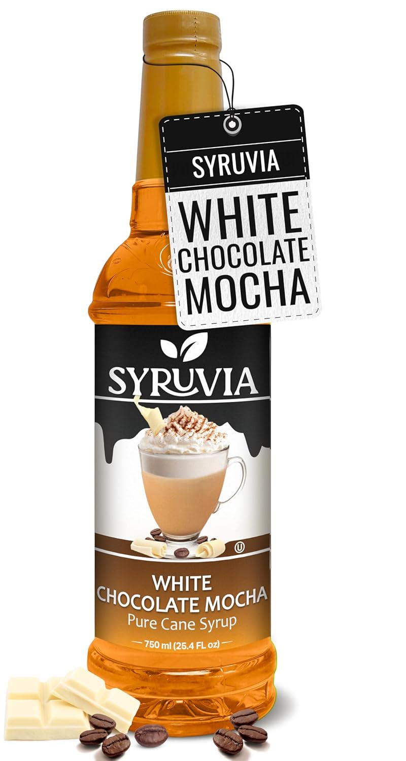Syruvia White Chocolate Mocha Syrup For Coffee 25.4 Oz. - Kosher & Gluten Free, No Coloring, Perfect for Drinks, Soda, Shakes, Desserts, and More.