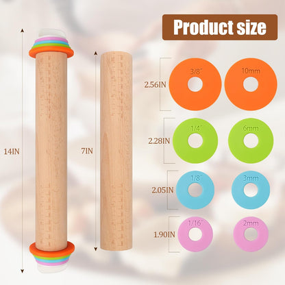 Adjustable Rolling Pin with Thickness Rings - 14 INCH Wood Dough Roller for Perfect Baking, Fondant & Cookies Ideal Rolling Pin for Dough & Cookie Decorating Supplies