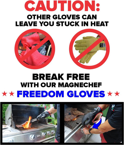 Freedom BBQ Gloves 932°F Heat Rated Magnetic EZ On Off Safety Clips Waterproof for Grills Smokers Fryers Ovens (14")