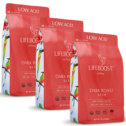 Lifeboost Dark Roast Whole Bean Coffee - Non-GMO Low Acid Single Origin USDA Organic Coffee - Third Party Tested For Mycotoxins & Pesticides - 12 Ounces (Pack of 3)