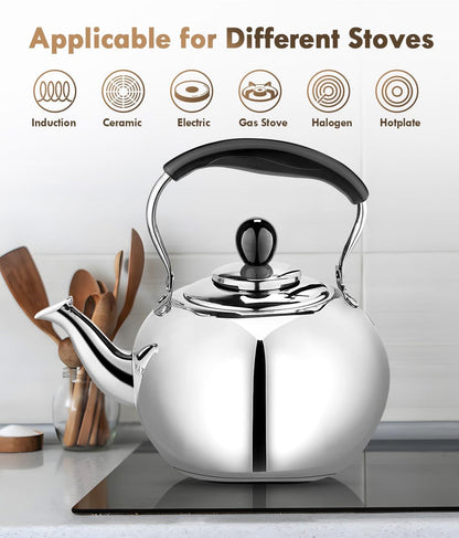 Whistling Tea Kettle Stovetop - 2.3 Quart Round Tea Pot for Stovetop, Silver Mirror Polished Classic Stovetop Kettle, Food Grade Material Teapot for Stove Top