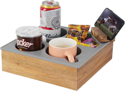 Couch Cup Holder Tray, Handy Soft Silicone Acacia Wooden Couch Caddy for Bed Car Seat Beach Organizer, Waterproof Anti-spill Couch Drink Holder for Snacks Beverage Remote (Gray)