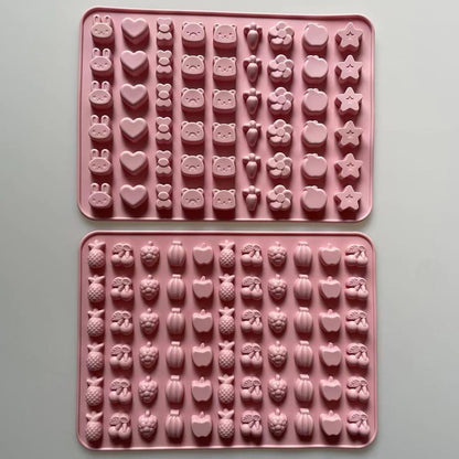 Mini Silicone Molds,120 Cups Chocolate Drops Mold,Fondant Cake Mold for Chocolate,Hard Candy,Biscuits,Cookie,Jelly,Sugarcraft,Homemade Treats and DIY Baking,2 Pack(66 Fruit & 54 Animal) Pink