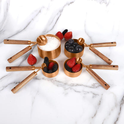 Collection 8 Piece Rose Gold Measuring Cups Set and Measuring Spoons, Golden With fragrant wood Handles-Complete Set of Measure Cups and Spoons For Cooking and Baking.