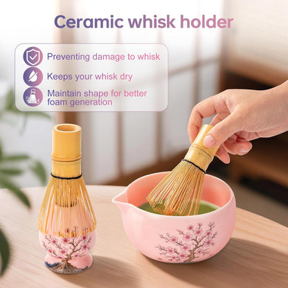 DELLAN Matcha Whisk Set, Cherry-Blossom Matcha Set Making Kit Includes Ceramic Matcha Bowl, Whisk and Holder, Bamboo Scoop, Scoop Rest, Sifter, Greeting Card and Tea Towel - 8 Pcs Matcha Set Pink