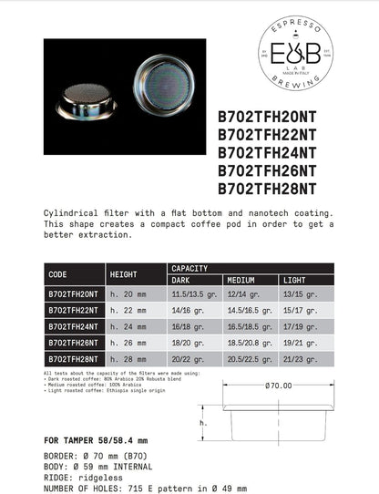 E&B Lab NT (NanoTech) Double Espresso Portafilter Basket 58mm Ridgeless (22) Silver