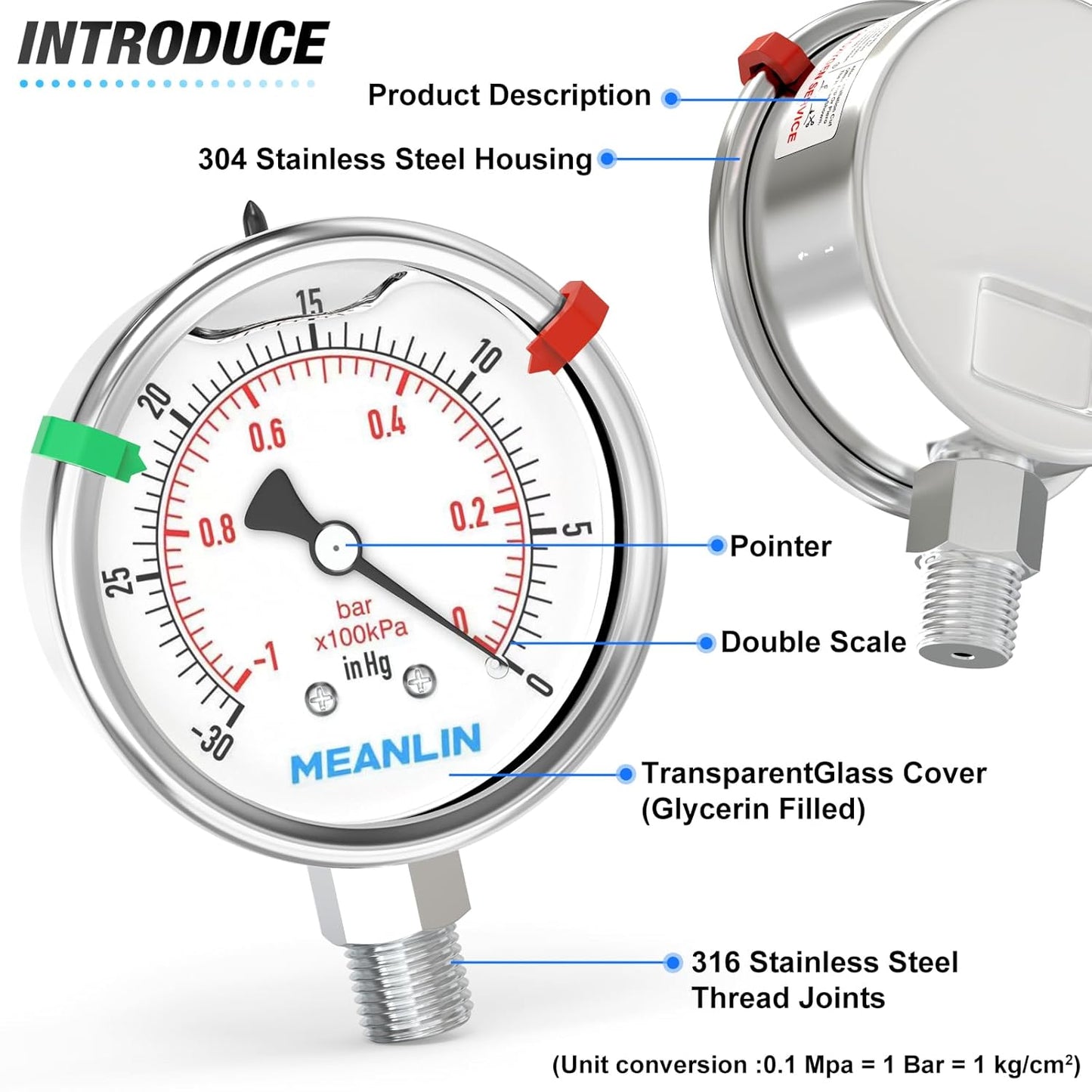 MEANLIN MEASURE -30inHG~0Psi Vacuum Pressure Gauge 316 Stainless Steel Joint 1/4"NPT 2.5"FACE DIAL, Liquid Filled Pressure Gauge WOG Water Oil Air Lower Mount with Stainless Steel Hex Bushing, Snaps