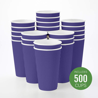 Restaurantware 16 Ounce Ripple Wall Disposable Coffee Cups, 500 Insulated Royal Purple Paper Tumblers with Rolled Rim Design, Lids Sold Separately for Hot Drinks like Tea and More