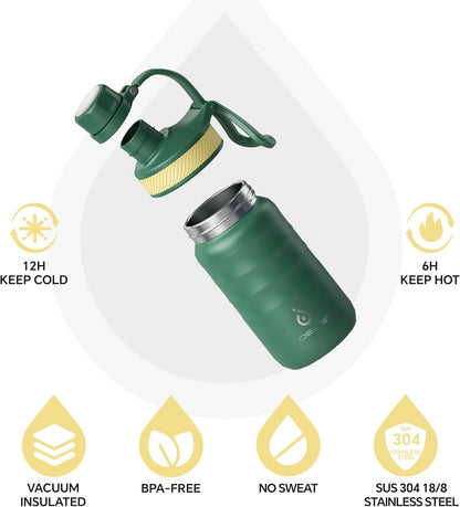 IDEUS Insulated Water Bottle 12oz, Stainless Steel Insulated Water Bottle For School, Insulated Bottles With Straws Leakproof, Vacuum Double Wall Water Bottles For Boys And Girls With 2 Lids, BPA Free