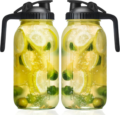 Glass Mason Jars Pitcher 64 Oz Pour Spout Lids & Handle (2 Pack) Wide Mouth Airtight Leak Proof Fridge Breast Milk Pitcher With Top Flip Cap 2 Quart Water Jug For Cold Brew Coffee, Iced Tea,