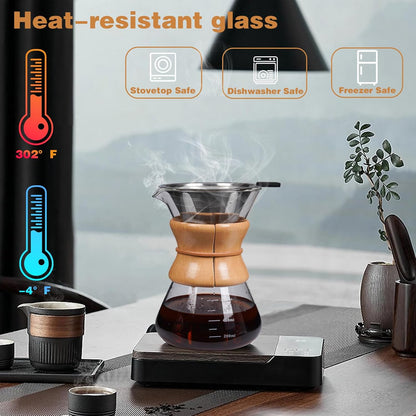 Pour Over Coffee Maker with Reusable Stainless Steel Drip Filter, Lead-Free Borosilicate Glass Coffee Carafe with Modern Wooden Collar for 1-2Cup, Circular Clear (400ml/13.5oz)