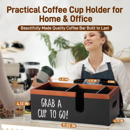 100% Wooden Coffee Cups Holder with U-Shape Cutout Design for Countertop-Coffee Bar Organizer for Cups, Lids, Pods, Stirrers, and Accessories, Great Gift for Home or Office