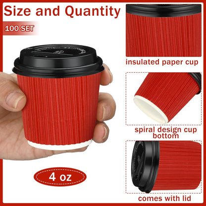 Uiifan 100 Set 4oz Disposable Espresso Cups with Lids Ripple Corrugated Paper Disposable Coffee Insulated Hot Ripple Cups for hot Chocolate, Tea, and Cocoa Drinks(Red)