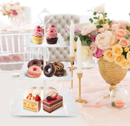 3 Tier Cupcake Stand, Durable Plastic 3 Tier Serving Tray for Cupcake, Fruit, Chocolate, Cookies, Square White Embossed Tiered Tray Stand for Wedding, Baby Shower, Party