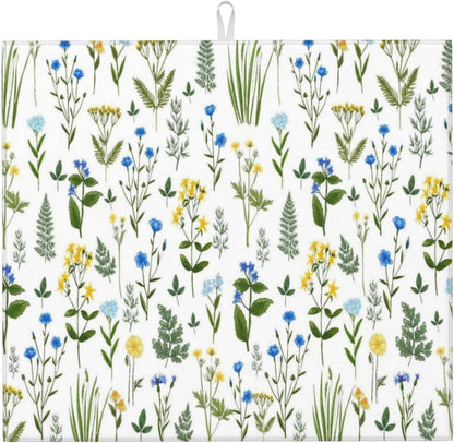 Blue Yellow Wildflower Dish Drying Mats for Kitchen Counter, Vintage Botanic Fern Leaves Floral Kitchen Drainer Pad, Absorbent Microfiber Reusable Washable Dish Draining Mats, Home Decor, 16 x 18 inch