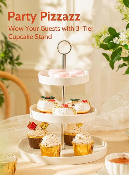 Sweese Porcelain 3-Tier Cupcake Stand - Elegant White Cake Stand for Desserts, Tiered Serving Tray for Parties, Weddings, Birthdays - Durable Stainless Steel Rods