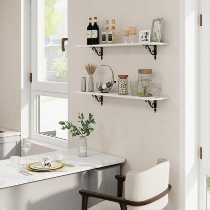 RICHFOCUS Floating Shelves for Wall Decor, 39.4W x 8D Wall Shelves Set of 2, 8 Inch Deep Rustic Wood Shelves Wall Mounted with Brackets, Long Floating Shelves for Living Room Bedroom Kitchen, White