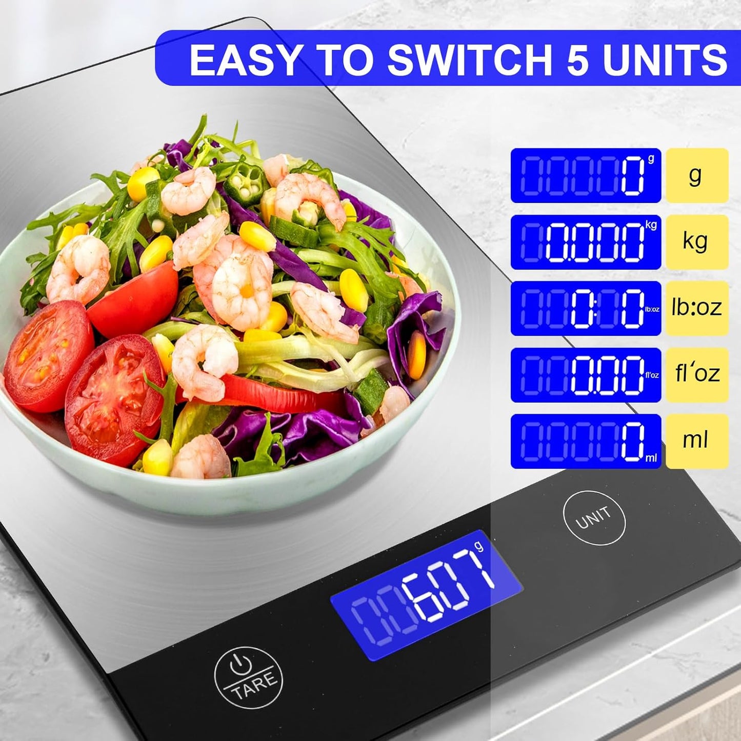 Rechargeable Food Scale, 22lb Digital Kitchen Scale for Food in Gram and Ounce, 0.1oz/1g Precise, 304 Stainless Steel, Perfect for Meal Prep, Cooking, and Baking, Batteries and Charging Cable
