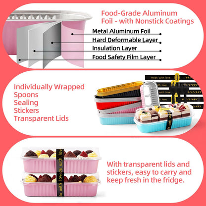 Mini Loaf Pans with Lids and Spoons Sealing Sticker,120 Pcs 6.8oz Cake Pans for Baking Disposable Aluminum Foil Red cake pan (mixed)